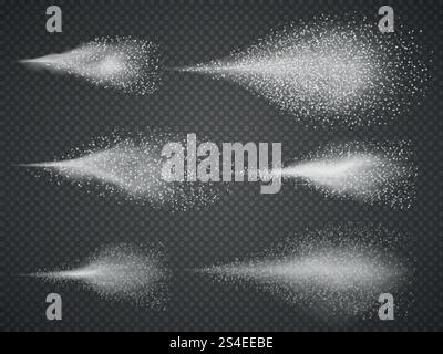 Set vettoriale nebulizzazione ad acqua ariosa. Nebbia irroratrice isolata su sfondo nero trasparente. Illustrazione: Spruzzi ariosi e acqua nebulizzata. Set vettoriale nebulizzazione ad acqua ariosa. Nebbia irroratrice isolata su sfondo nero trasparente Illustrazione Vettoriale