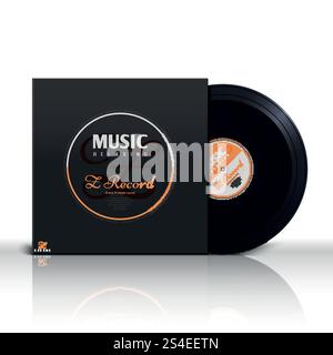 Disco in vinile nero con audio stereo retrò e mockup vettoriale con copertina in carta per album. Disco in vinile analogico musicale in confezione illustrazione vettoriale. Disco in vinile nero con audio stereo retrò e mockup vettoriale con copertina in carta per album Illustrazione Vettoriale