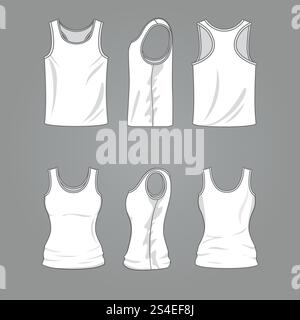 Le manne e le donne sono vuote e sfoggiano una canotta vettoriale casual. Mockup di abbigliamento bianco per camicie, illustrazione di modelli di camicie alla moda. Mans e Woman hanno un profilo vuoto per un modello vettoriale casual con canotta Illustrazione Vettoriale