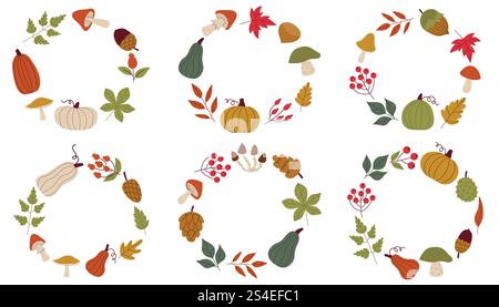 Carino cartone animato rotondo in autunno con zucche e foglie, coni e frutti di bosco. La collezione di corone per il raccolto autunnale in stile piatto. Illustrazione Vettoriale