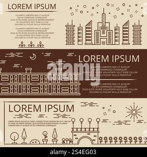 Modello di striscioni orizzontali con linee artistiche e paesaggi urbani. Banner architettonico con illustrazione domestica. Modello di striscioni orizzontali con linee artistiche e paesaggi urbani Illustrazione Vettoriale