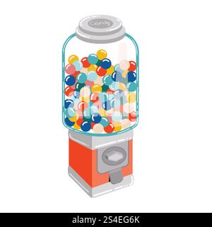 Carino macchinario per gomme da bolla isolato su sfondo bianco. Le caramelle retrò degli anni '90 automatizzano. Illustrazione Vettoriale