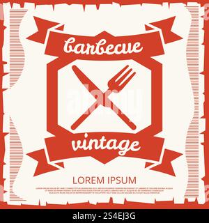 Barbecue party con poster vintage con emblema. Barbecue con banner retrò. Illustrazione vettoriale. Barbecue party con poster vintage con emblema Illustrazione Vettoriale