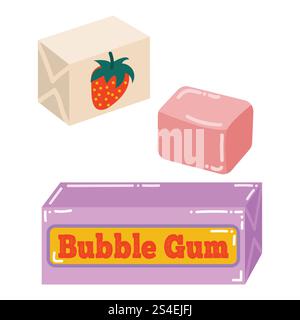Carino set di caramelle con gomme di fragole in stile cartoni animati. Collezione retro anni '90. Illustrazione Vettoriale