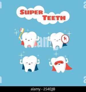 Personaggi vettoriali denti dei bambini sorridenti da supereroe. Illustrazione del supereroe dei personaggi dei denti. Personaggi vettoriali denti dei bambini sorridenti da supereroe Illustrazione Vettoriale