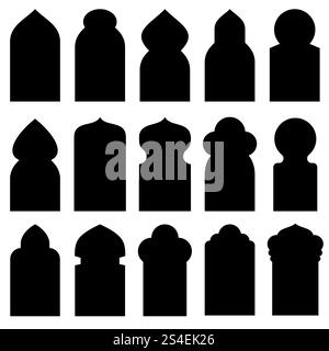 Finestre e porte ad arco arabo con sagome vettoriali in stile islamico tradizionale. Immagine della portiera e della finestra con silhouette nere. Finestre e porte ad arco arabo con sagome vettoriali in stile islamico tradizionale Illustrazione Vettoriale