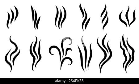 Gli aromi odorano i simboli. Gli odori lineari vaporizzano set, aroma di caffè caldo, vapore puzzolente o di cottura, odore o vapore, fumo, segni di odore. Illustrazione Vettoriale