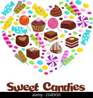 Caramelle lecca-lecca caramello e dolci al cioccolato icone piatte a forma di cuore. Dessert caramelle e caramello, caramelle al cioccolato, illustrazione vettoriale. Caramelle lecca-lecca caramello e dolci al cioccolato icone piatte a forma di cuore Illustrazione Vettoriale