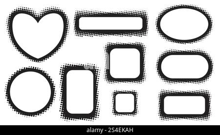 Cornici in mezzitoni nere isolate o bianche. Bordi rotondi in stile pop art retrò punteggiato. Elementi di design grunge testurizzati. Illustrazione Vettoriale