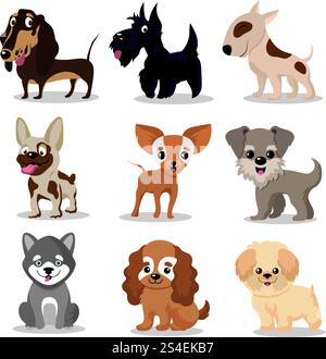 Cani carini e felici. Cartoni animati divertenti cuccioli vettoriali raccolta di personaggi. Set di cani di razza, illustrazione di animali amichevoli. Cani carini e felici. Cartoni animati divertenti cuccioli vettoriali raccolta di personaggi Illustrazione Vettoriale