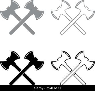 Due a doppio fronte viking assi icon set grigio colore nero illustrazione vettoriale outline stile piatto semplice immagine Illustrazione Vettoriale