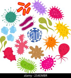 Microrganismo e virus di infezione primitiva. Icone vettoriali di batteri e germi. Infezione da virus, illustrazione di batteri microrganismi. Microrganismo e virus di infezione primitiva. Icone vettoriali di batteri e germi Illustrazione Vettoriale