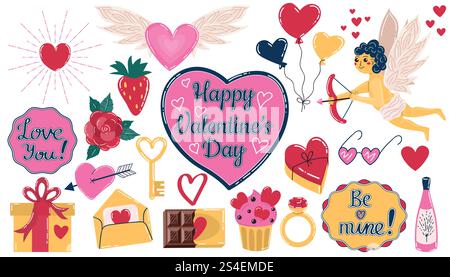 Cartoni animati Happy Valentine's Day collezione di elementi dal design piatto. Set di simboli di vacanza e amore. Illustrazione Vettoriale