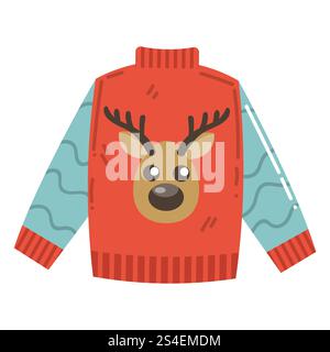 Grazioso maglione natalizio rosso cartoni animati con testa di cervo in stile piatto. Illustrazione Vettoriale