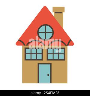 Graziosa casa dei giocattoli dei cartoni animati in stile piatto. Piccolo edificio per le feste di Natale. Illustrazione Vettoriale
