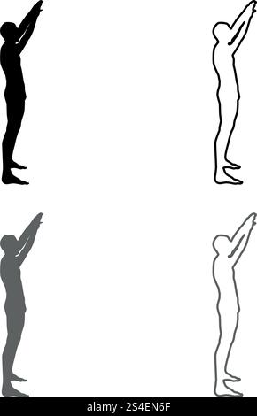 Uomo con braccia alzate sportivo alzando le mani vista laterale Imposta icona grigio colore nero illustrazione vettoriale outline stile piatto semplice immagine Illustrazione Vettoriale