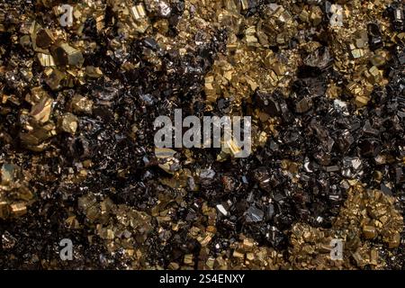 Fiore minerale di pirite colore nero e dorato messa a fuoco morbida primo piano, struttura astratta Foto Stock