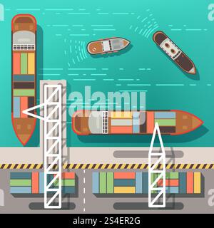 Molo marittimo o porto merci con navi galleggianti e barche. Illustrazione vettoriale della vista superiore. Trasporto marittimo di navi e merci in porto. Molo marittimo o porto merci con navi galleggianti e barche. Illustrazione vettoriale della vista superiore Illustrazione Vettoriale