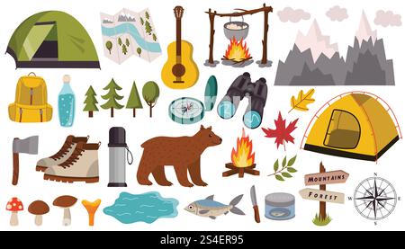Elementi di design dei cartoni animati per il campeggio estivo in stile piatto, isolati su sfondo bianco. Tenda e falò, binocolo e orso bruno. Illustrazione Vettoriale