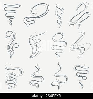Ruscello con linea di fumo e aroma. Set vettoriale tracce lineari odori. Profumo di vapore proveniente da sigaretta, illustrazione del percorso degli smokestack. Ruscello con linea di fumo e aroma. Set vettoriale tracce lineari odori Illustrazione Vettoriale