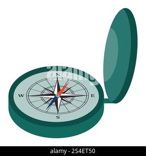 Bussola da campeggio cartoni animati in stile piatto isolata su sfondo bianco. Illustrazione Vettoriale