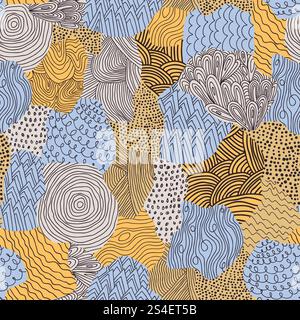 Simpatico motivo a forma di doodle dalle linee sottili e dalla texture astratta. Sfondo disegnato a mano in color pastello. Illustrazione Vettoriale