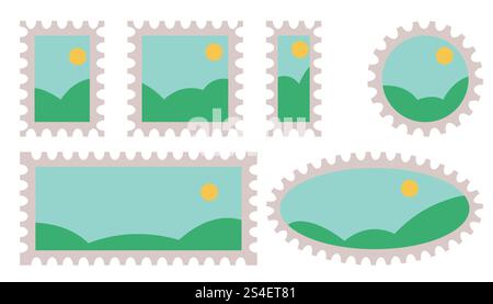 Graziosi francobolli, cornici tonde e quadrate, modelli con paesaggio semplice isolato su sfondo bianco. Set di contrassegni postali. Illustrazione Vettoriale