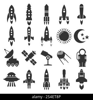 Razzo e astronave, design delle icone astronomiche. Astronave e satellite, illustrazione vettoriale. Design di razzi, astronavi, icone astronomiche Illustrazione Vettoriale