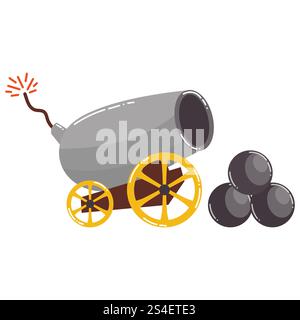 Cannone cartoni animati con palle di cannone in stile piatto isolato su sfondo bianco. Illustrazione Vettoriale