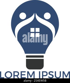 Modello logo Smart House. Lampadina con logo per edifici e persone. Concetto di casa intellettuale, appartamento o cottage. Illustrazione Vettoriale