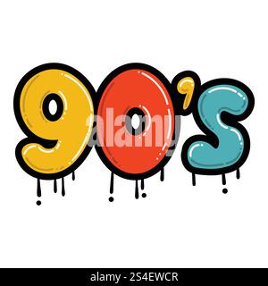 Colorati graffiti cartoon anni '90 isolati su sfondo bianco. Adesivo stile retro 1990. Street art. Illustrazione Vettoriale