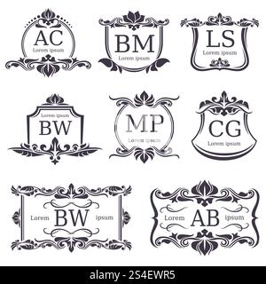 Monogrammi con logo di lusso con elementi decorativi e lettere. Set vettoriale di decorazioni monogramma in stile classico retrò. Monogrammi con logo di lusso con elementi decorativi e lettere. Gruppo vettoriale Illustrazione Vettoriale