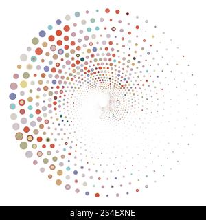 Colorato cerchio di mezzitoni pop art retrò. Trama tonda tratteggiata. Turbolenza, forma a tornado. Illustrazione Vettoriale