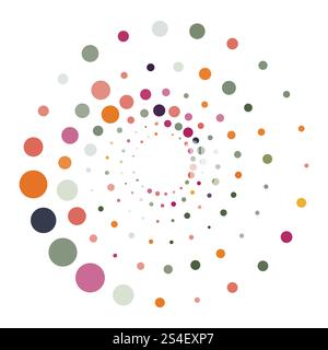 Elemento rotondo a mezzitoni colorati, motivo a spirale, mezzitoni con puntini, tornado a mezzitoni radiali Illustrazione Vettoriale