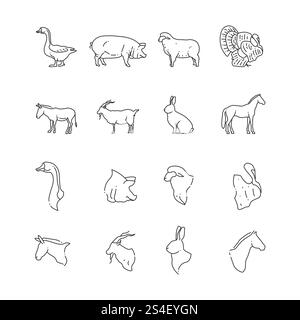 Icona degli uccelli e della linea degli animali da allevamento - pieno e teste di animali. Illustrazione vettoriale. Icona degli uccelli e della linea degli animali da allevamento - pieno e teste di animali Illustrazione Vettoriale