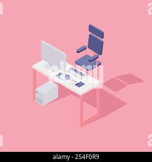 Area di lavoro dell'ufficio. Computer, sedia e qualche gadget. Illustrazione del vettore isometrico piatto. Area di lavoro dell'ufficio. Computer, sedia. Illustrazione del vettore isometrico piatto Illustrazione Vettoriale