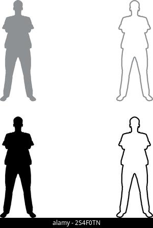 Uomo in piedi con le mani dentista incrociato chirurgo in abiti medici con le mani piegate sul petto concetto della fine dell'operazione operazione Vista frontale Set di icone vettoriali di colore grigio nero contorno immagine semplice stile piatto Illustrazione Vettoriale