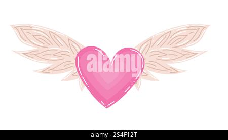 Cuore rosa dei cartoni animati in stile piatto. Buon San Valentino simbolo d'amore. Cuore con le ali di Angel. Illustrazione Vettoriale
