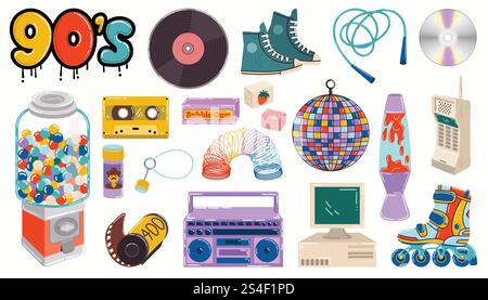 Una collezione di giocattoli, caramelle e gadget in stile cartoni animati anni '90. graffiti e boombox anni '90, macchina per gomma da bolle e personal computer retrò. Set di y2k e. Illustrazione Vettoriale