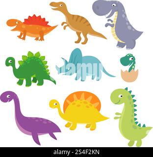 Carino set vettoriale isolato di personaggi dino-bambino. Illustrazione del tyrannosaurus e del triceratops, dinosauro colorato a cartoni animati. Carino set vettoriale isolato di personaggi dino-bambino Illustrazione Vettoriale