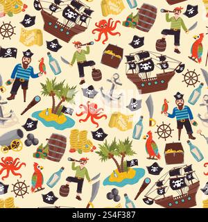 Motivo a tema pirata animato per bambini. Nave pirata e mappa del tesoro, pappagallo e polpo, isola con palme. Illustrazione Vettoriale