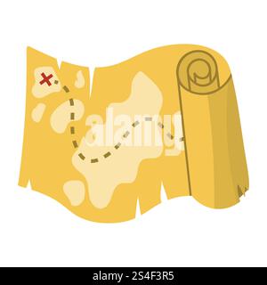 Cartoni animati della vecchia mappa del tesoro dei pirati con le isole e croce in stile piatto isolata su sfondo bianco. Illustrazione Vettoriale