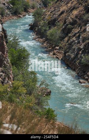 Un tranquillo fiume si snoda dolcemente attraverso un pittoresco canyon adornato da vegetazione lussureggiante e superfici rocciose Foto Stock