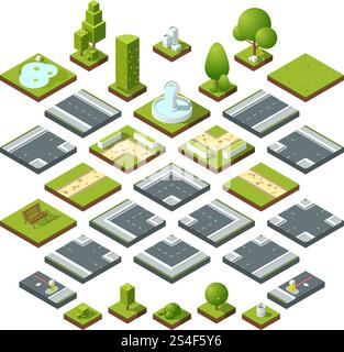 Set vettoriale di elementi isometrici della città, crocevia, strada, decorazione del giardino. Panchine, fontane e cespugli. Costruzione di strade ed elementi panca e flora, illustrazione della strada d'angolo. Set vettoriale di elementi isometrici della città, crocevia, strada, decorazione del giardino. Panchine, fontane e cespugli Illustrazione Vettoriale