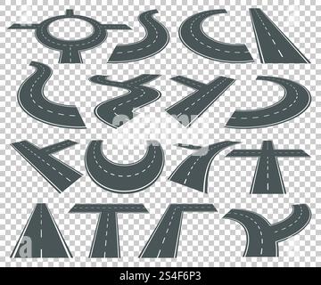 Serie di lunghe strade di trasporto e autostrade isolate. Illustrazione della curva della strada asfaltata, della linea autostradale a traffico vettoriale. Serie di lunghe strade di trasporto e autostrade isolate Illustrazione Vettoriale