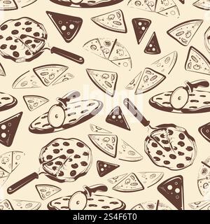 Pizza vintage a fette senza cuciture. Cibo di fondo per pizza, illustrazione vettoriale. Pizza vintage a fette senza cuciture Illustrazione Vettoriale