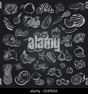 Illustrazioni di frutta e verdura. Foto di scarabocchi per alimenti salutari su sfondo nero. Set vettoriale di alimenti per la salute della frutta e della verdura. Illustrazioni di frutta e verdura. Foto di scarabocchi per alimenti salutari su sfondo nero. Gruppo vettoriale Illustrazione Vettoriale