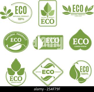 Set di etichette o logo eco con piante e foglie verdi. Le icone vettoriali si isolano su sfondo bianco. Etichetta ecologica LEAF, illustrazione dell'adesivo con simbolo ecologico naturale biologico. Set di etichette o logo eco con piante e foglie verdi. Le icone vettoriali si isolano su sfondo bianco Illustrazione Vettoriale