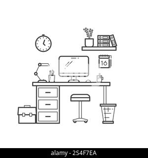 Concetto della linea dell'area di lavoro - delineare l'area di lavoro con un computer su sfondo bianco. Illustrazione vettoriale. Concetto della linea dell'area di lavoro - delineare l'area di lavoro con un computer su sfondo bianco Illustrazione Vettoriale