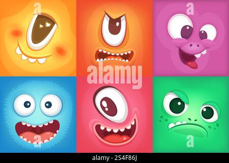 I volti dei mostri dei cartoni animati. Demone sorride e grande bocca pazza. Mostro vettoriale divertente, illustrazione del demone di colore halloween. I volti dei mostri dei cartoni animati. Demone sorride e grande bocca pazza. Immagini vettoriali Illustrazione Vettoriale